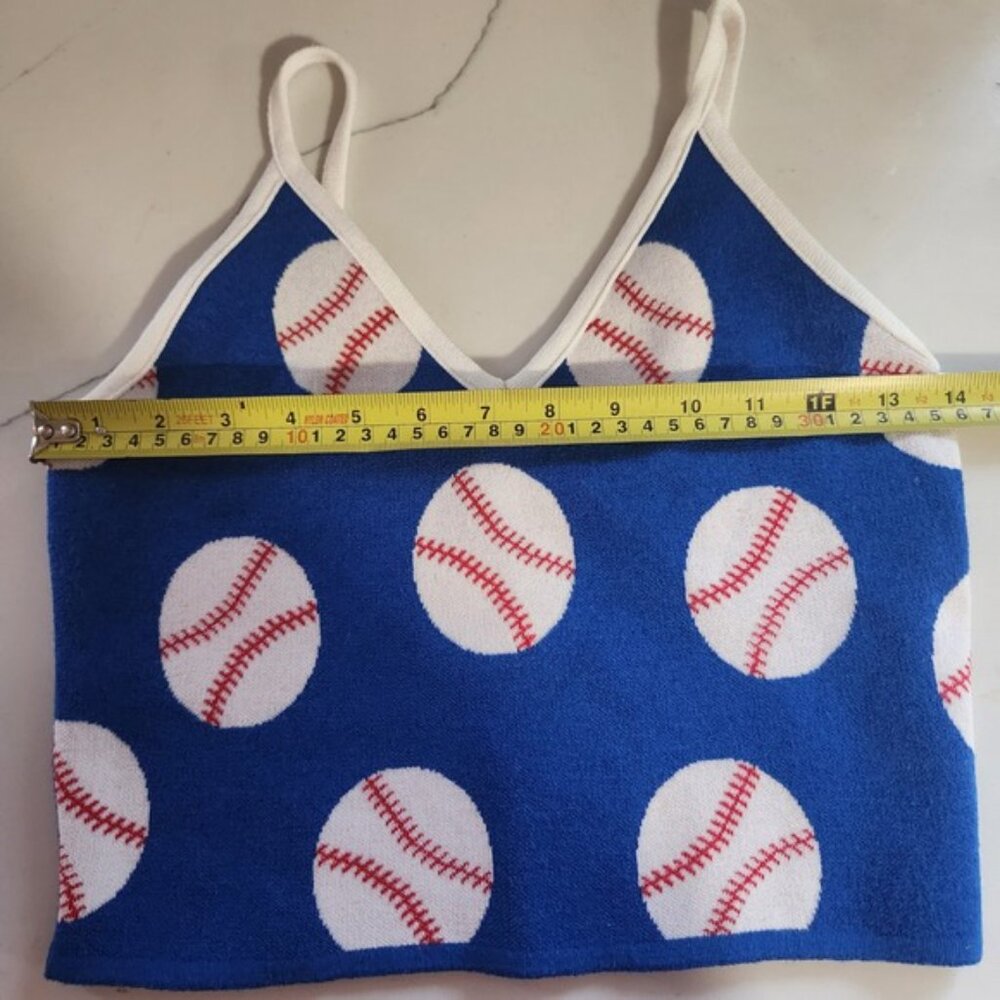 Debut Baseball Print Knit Crop Tank Top Women's ML Blue White Red Strappy - Picture 6 of 7